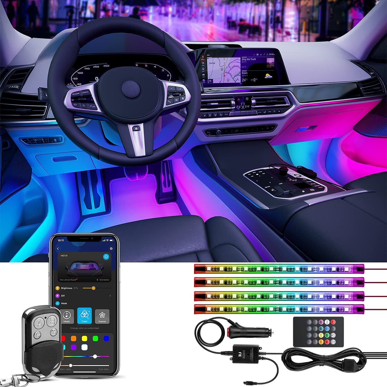 4pcs Car Interior Atmosphere 48 LED Lights Strip 5050 RGB SMD